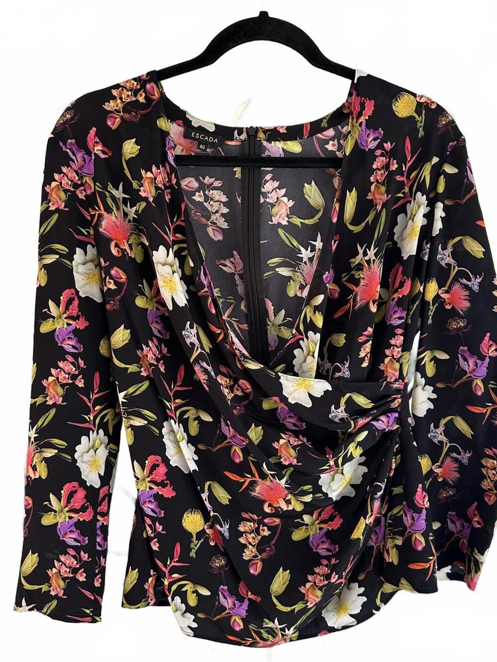ESCADA 100% Silk Women's Faux Wrap Long Sleeve Floral Print Blouse -Size 40 (M)